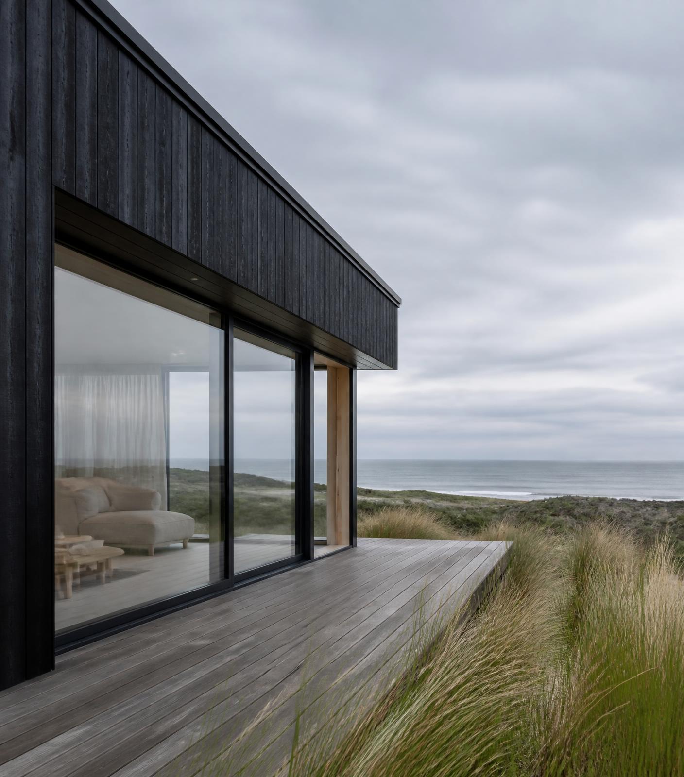 Contemporary dark-clad coastal home with wide deck looking out to the sea